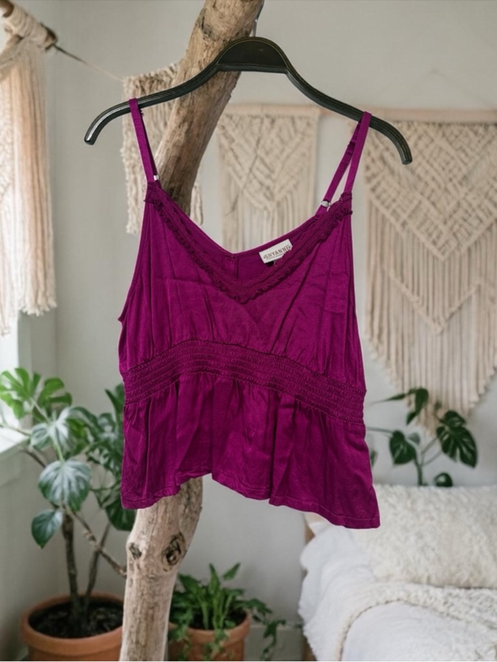 Shyanne Deep Magenta Lace-Trim Smocked Tank